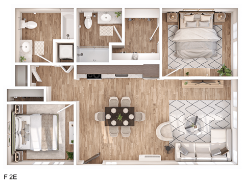Floor plan for 2 beds, 2 baths, 966 sqft